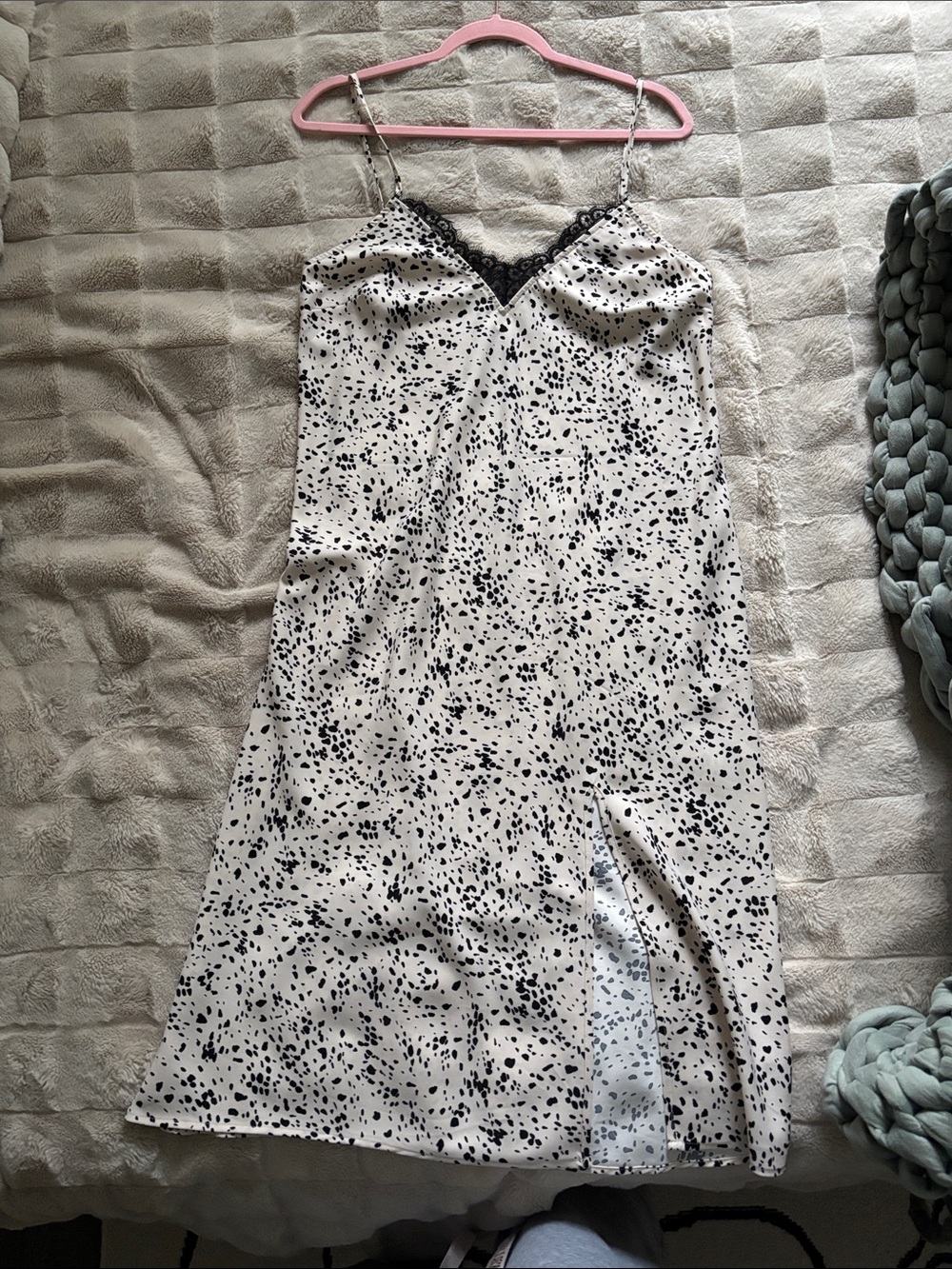 (Off) White and Black Dalmatian Print Slip Dress with Lace Trim